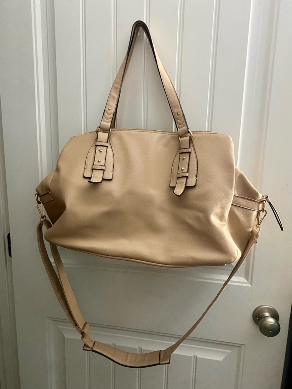 Classic Beige Leather Tote Bag with Shoulder Strap